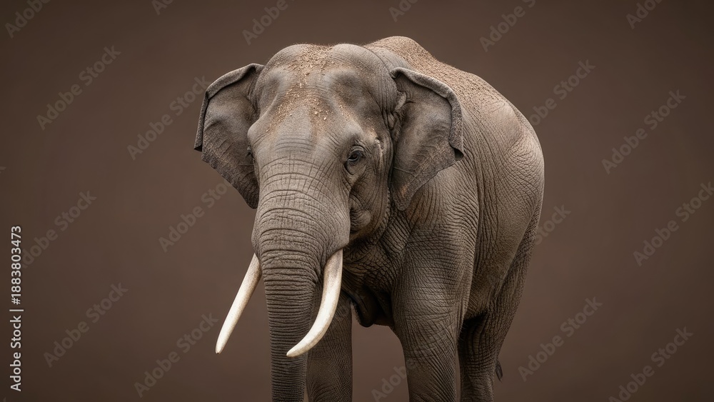Obraz premium A large grey elephant with tusks stands against a solid brown background, looking forward