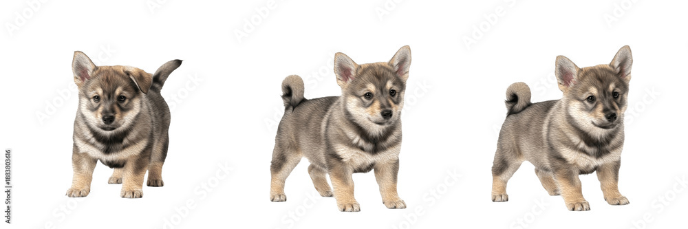 Obraz premium Swedish Vallhund Puppy Isolated on White Background, Västgötaspets, Purebred Small Herding Breed, Wolf-like Grey Young Canine, Standing Baby Pet, Short Legs.