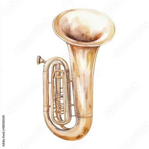Watercolor painting of a brass tuba musical instrument.