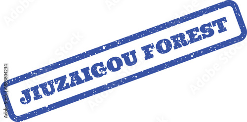 Textured blue rubber stamp effect featuring textual message about Jiuzhaigou natural forest