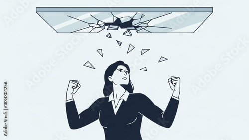 Woman breaking through glass ceiling symbolizing career success and overcoming obstacles flat illustration for business concept