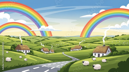 Idyllic countryside landscape with rolling green hills thatched cottages sheep grazing and double rainbows arching across a bright blue sky perfect for nature and fantasy themes