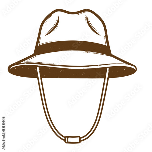 Drawing Vintage grunge  texture Brown safari hat with chin strap isolated on white background