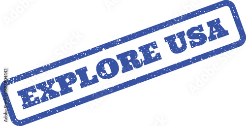 Textured blue rubber stamp with EXPLORE USA text conveying domestic travel experiences