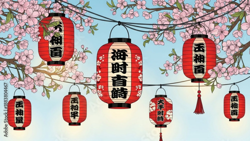 Traditional Japanese lanterns with cherry blossoms festive decoration for spring festivals and cultural events vector illustration