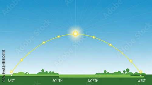 Suns path across the sky illustration showing sunrise to sunset and cardinal directions ideal for educational or scientific concepts