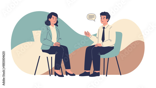Business meeting between man and woman, discussing ideas, conversation bubbles