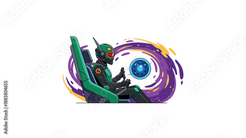 Futuristic green robot with red eyes and blue glowing orb.