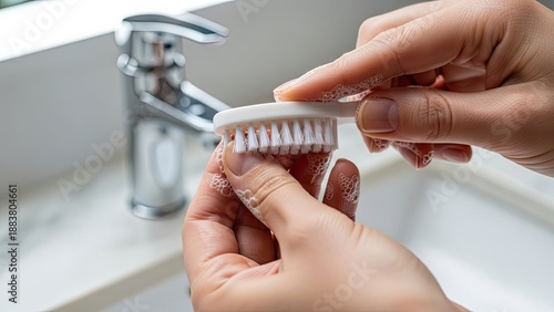 Wallpaper Mural Close-up of hands cleaning with brush and soap by a bathroom faucet and sink Torontodigital.ca