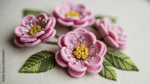 Close-up of intricately embroidered pink flowers with green leaves on a cream fabric