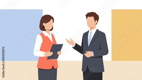 Business meeting between man and woman, discussing project on tablet