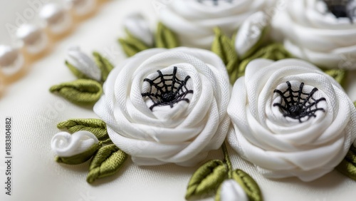 Close-up of ornate cream fabric with white ribbon roses, green leaves, and black centers