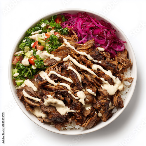 Turkish doner protein bowl, roasted beef, sumac onion salad, tahini drizzle