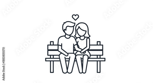 Loving couple sitting on bench with heart above them in black line