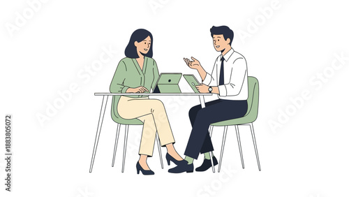 Business Meeting Illustrastion: Two Professionals Discussing Ideas at a Table