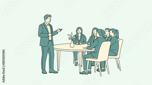 Business meeting illustration - man presenting to colleagues around a table