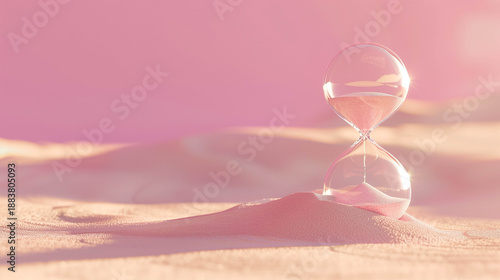 Elegant glass hourglass on pink sand surface with soft light and serene atmosphere