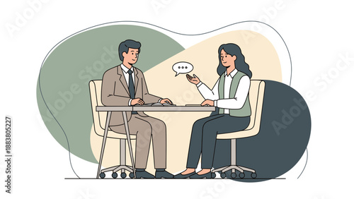 Business meeting illustration: conversation between colleagues at a table