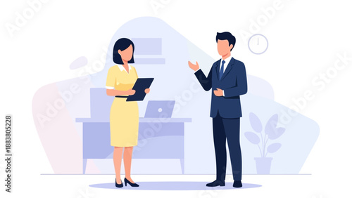 Business meeting illustration: colleagues discussing work in office setting