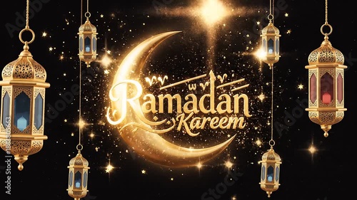 Golden Ramadan Kareem crescent moon with hanging lanterns and stars on a black background, elegant, festive, and spiritual, Islamic art style.
