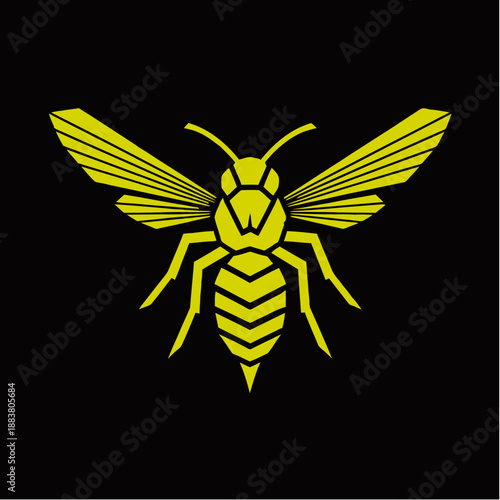 A stylized yellow wasp with outstretched wings on a black background.