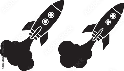 Two silhouette rockets with trail of smoke art