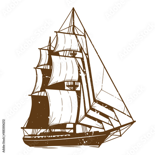 Drawing Vintage grunge  texture Brown sailing ship with white sails on white background  nautical vessel with multiple masts