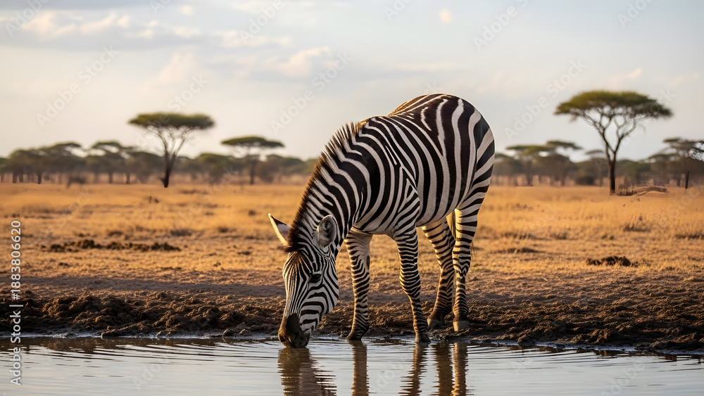 Fototapeta premium A zebra drinking water at a natural waterhole in the savanna