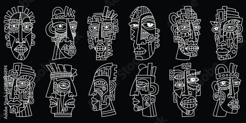 Abstract Tribal Face Illustration Set, Geometric Mask Faces Collection, Modern Abstract Character