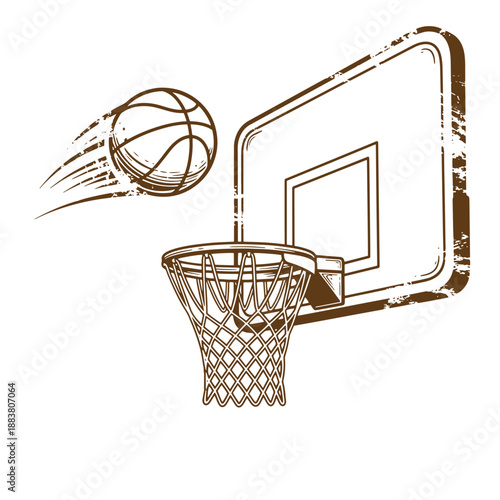 Drawing Vintage grunge  texture brown illustration of a basketball going into a hoop with a backboard