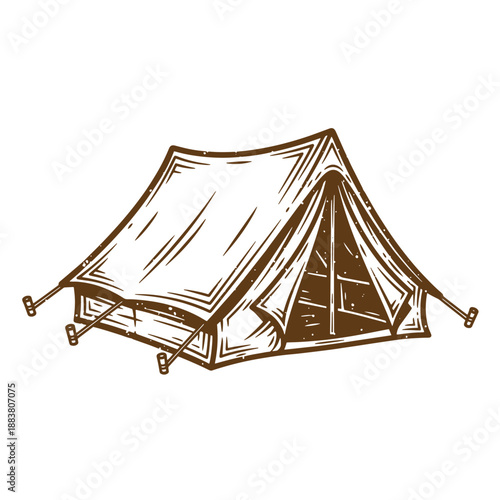 Drawing Vintage grunge  texture Brown sketch of a camping tent with fabric roof and poles outdoor gear for adventure travel and recreation activities