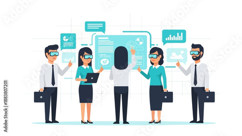 Team using VR headsets for virtual reality business meeting and data analysis