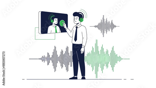 Man with headphones, interacting with audio waveforms and screen