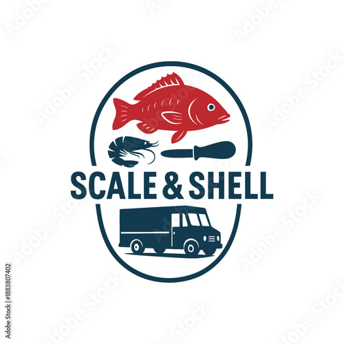 Vector illustration of a fast food logo on a delivery truck featuring a stylized salmon icon and marine seafood art designed with blue ocean waves and swimming fish symbols
