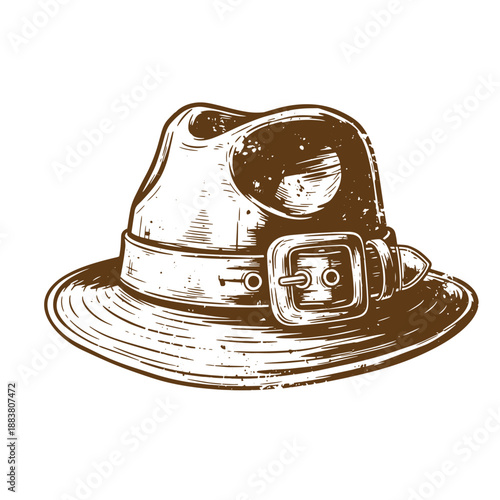 Drawing Vintage grunge  texture brown illustration of a firemans helmet with a buckle on the strap and a wide brim