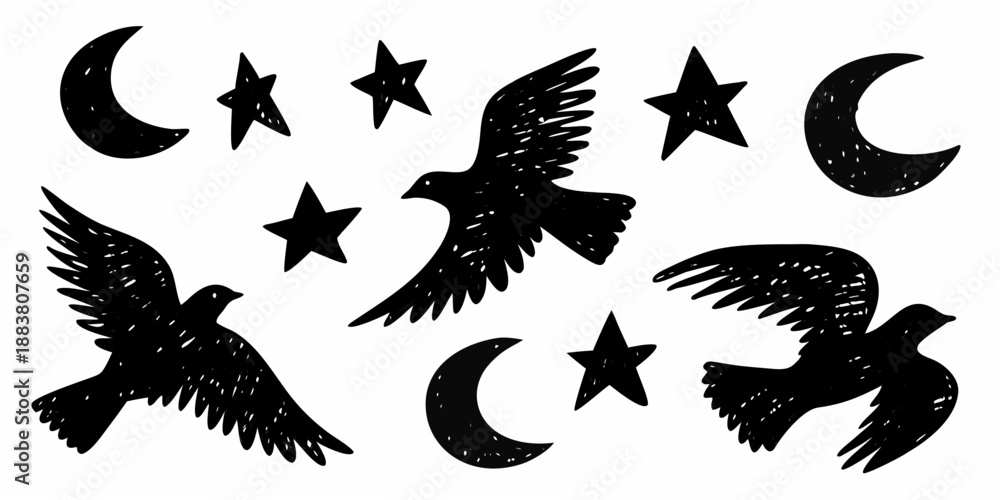 Obraz premium black silhouettes of birds moons and stars arranged in a whimsical pattern