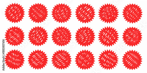 a pattern of red circular stickers with spiky edges arranged in a grid