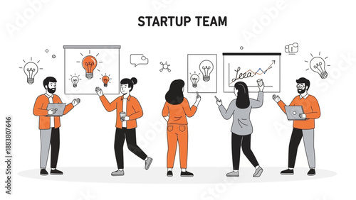 Startup Team Brainstorming Ideas, Presenting Innovation and Growth