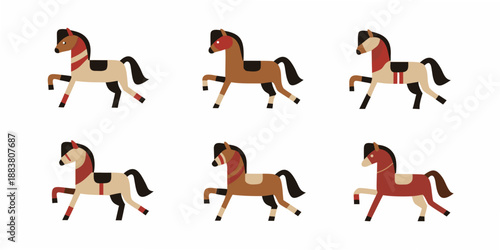 six stylized wooden toy horses in various positions against a white background