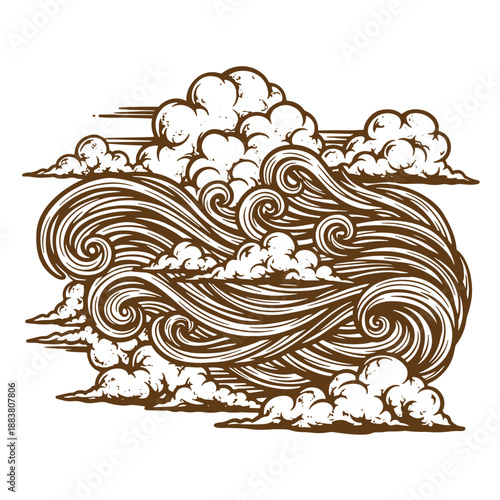 Drawing Vintage grunge  texture Brown illustration of a large wave with white swirling foam isolated on white background