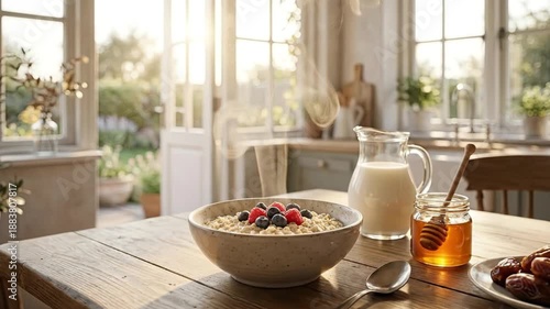 Wallpaper Mural Steaming oatmeal bowl with fresh berries, milk, and honey on a sunny wooden kitchen table Torontodigital.ca