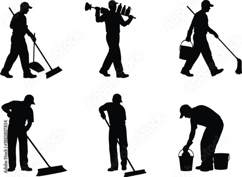 Cleaning worker silhouettes set showing janitors mopping, sweeping, carrying tools and buckets, professional cleaning service staff black vector illustrations isolated on white background