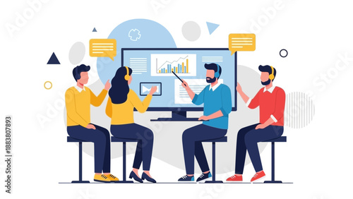 Team Meeting: Business Presentation with Growth Chart and Headsets