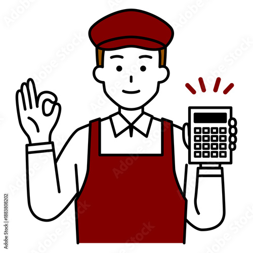 電卓を見せてOKサインをするカフェの男性店員