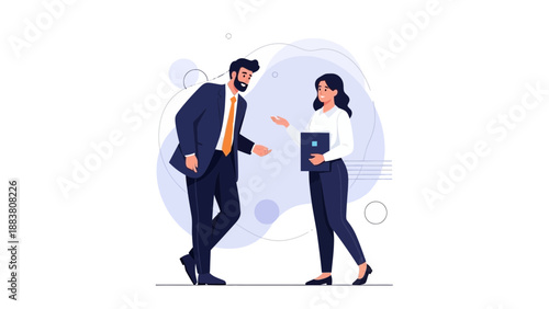 Business meeting illustration: man and woman discussing strategy