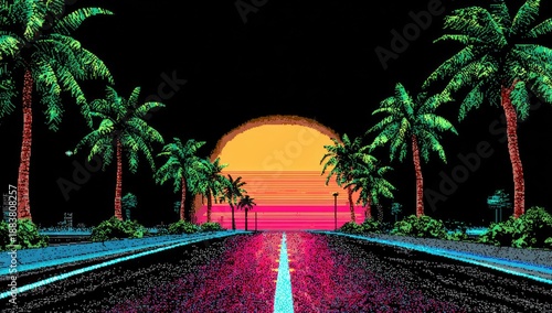 Digitized sunset scene with palm trees lining a road, rendered in retro 80s style
