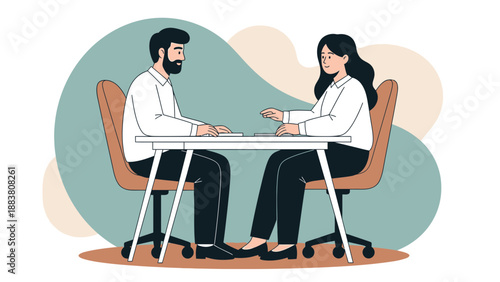 Business meeting illustration: man and woman discuss at desk