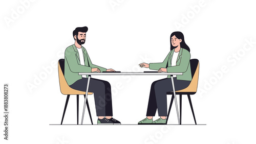 Business meeting illustration: man and woman discussing at table