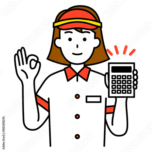 電卓を見せてOKサインをするファストフード店の女性店員