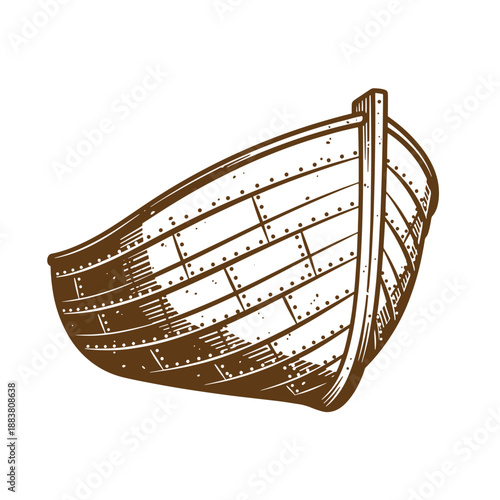 Drawing Vintage grunge  texture brown wooden boat hull drawing with white lines and dots on white background